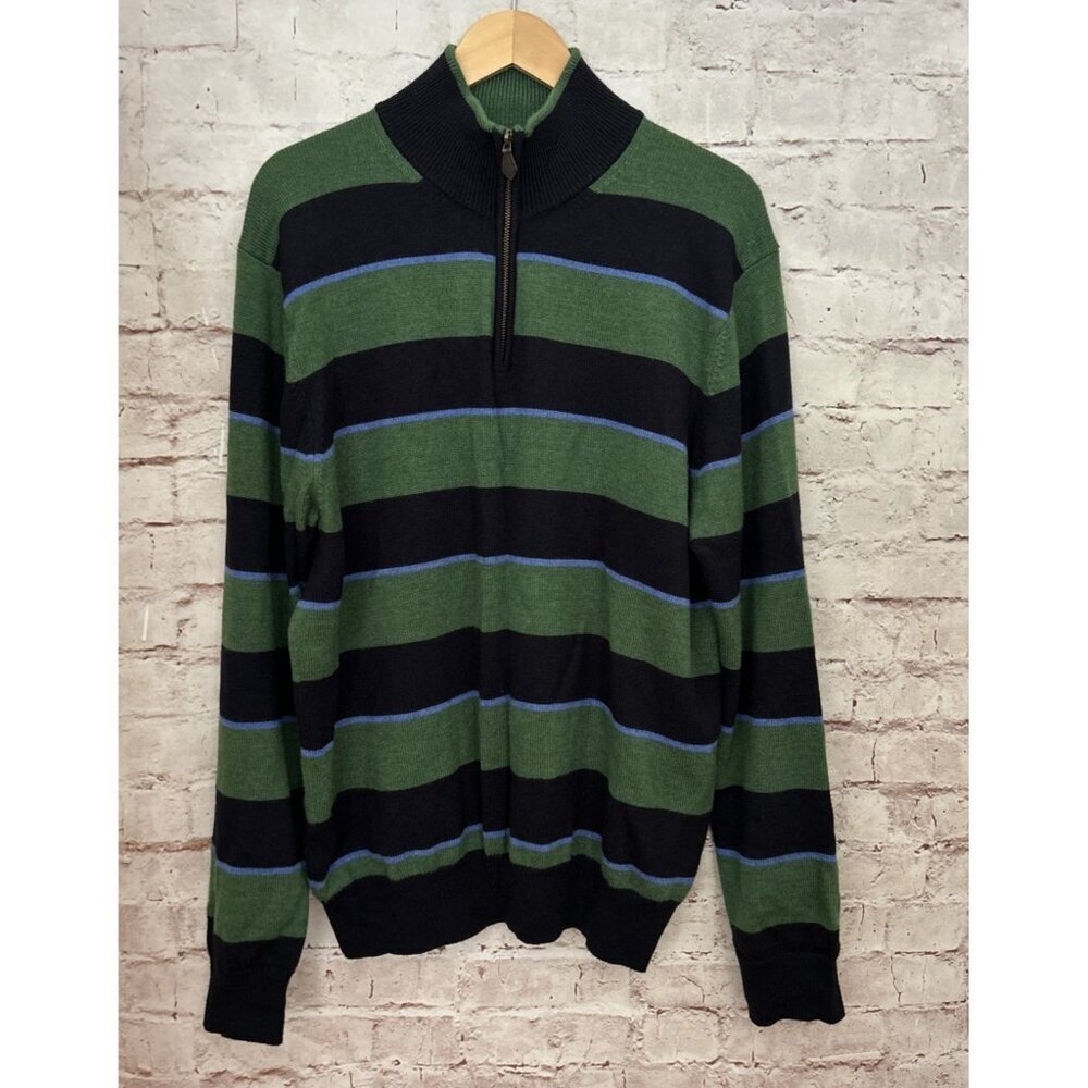 Brooks Brothers 1/4 Zip Sweater Mens XL 100% Merino Wool Green Blue Striped